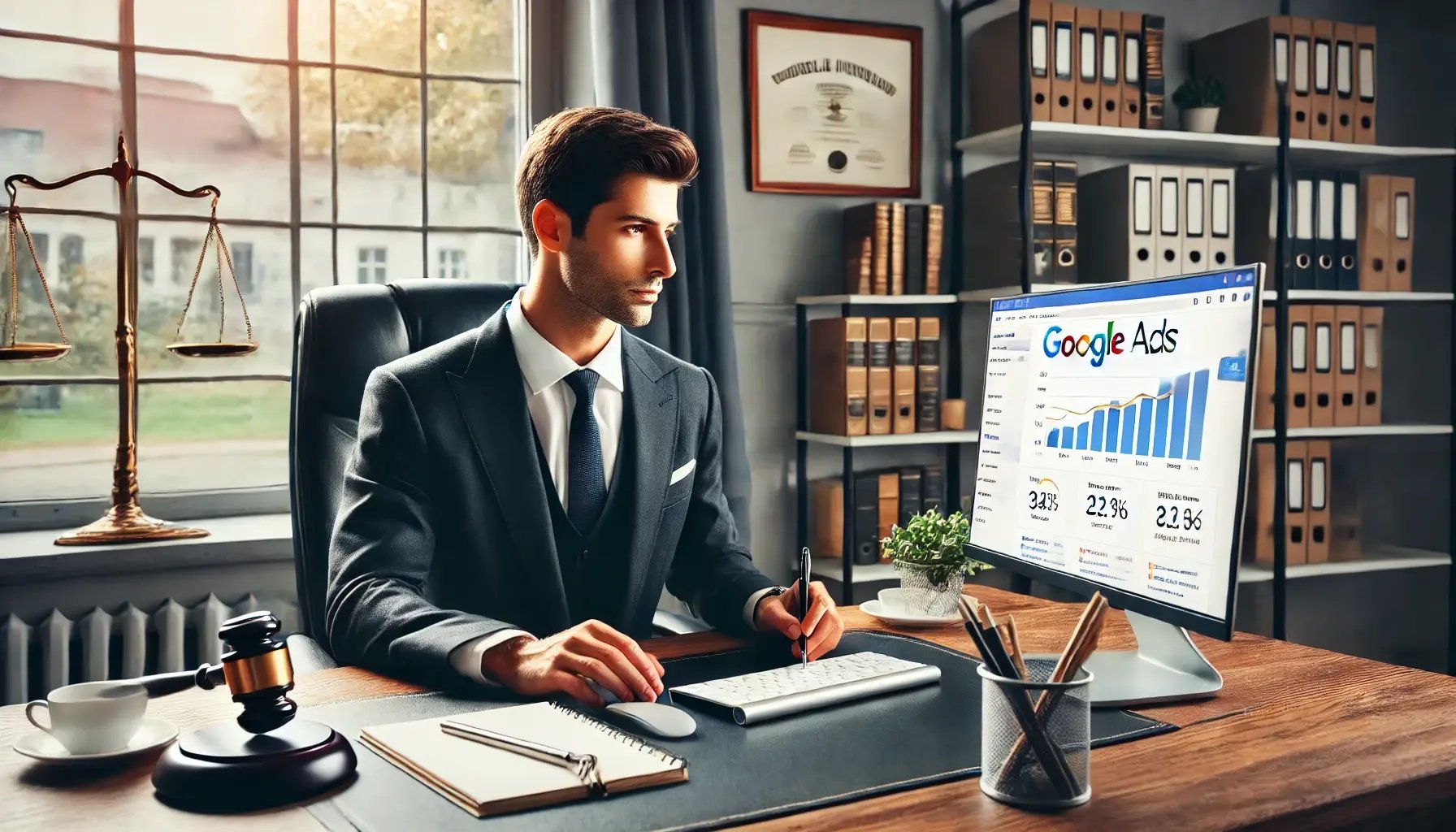 DALL·E 2024-10-22 09.30.58 - A professional lawyer sitting at his desk, dressed in a dark suit with a tie, working on a computer. The screen shows Google Ads interface with charts